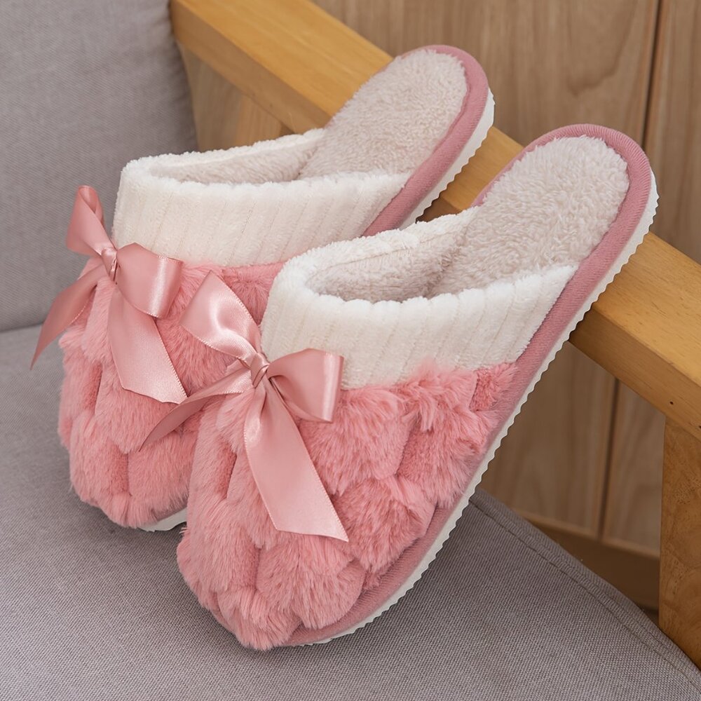 Home Warm Slippers, Slip On Soft Sole Fluffy Flat Bowknot Slippers